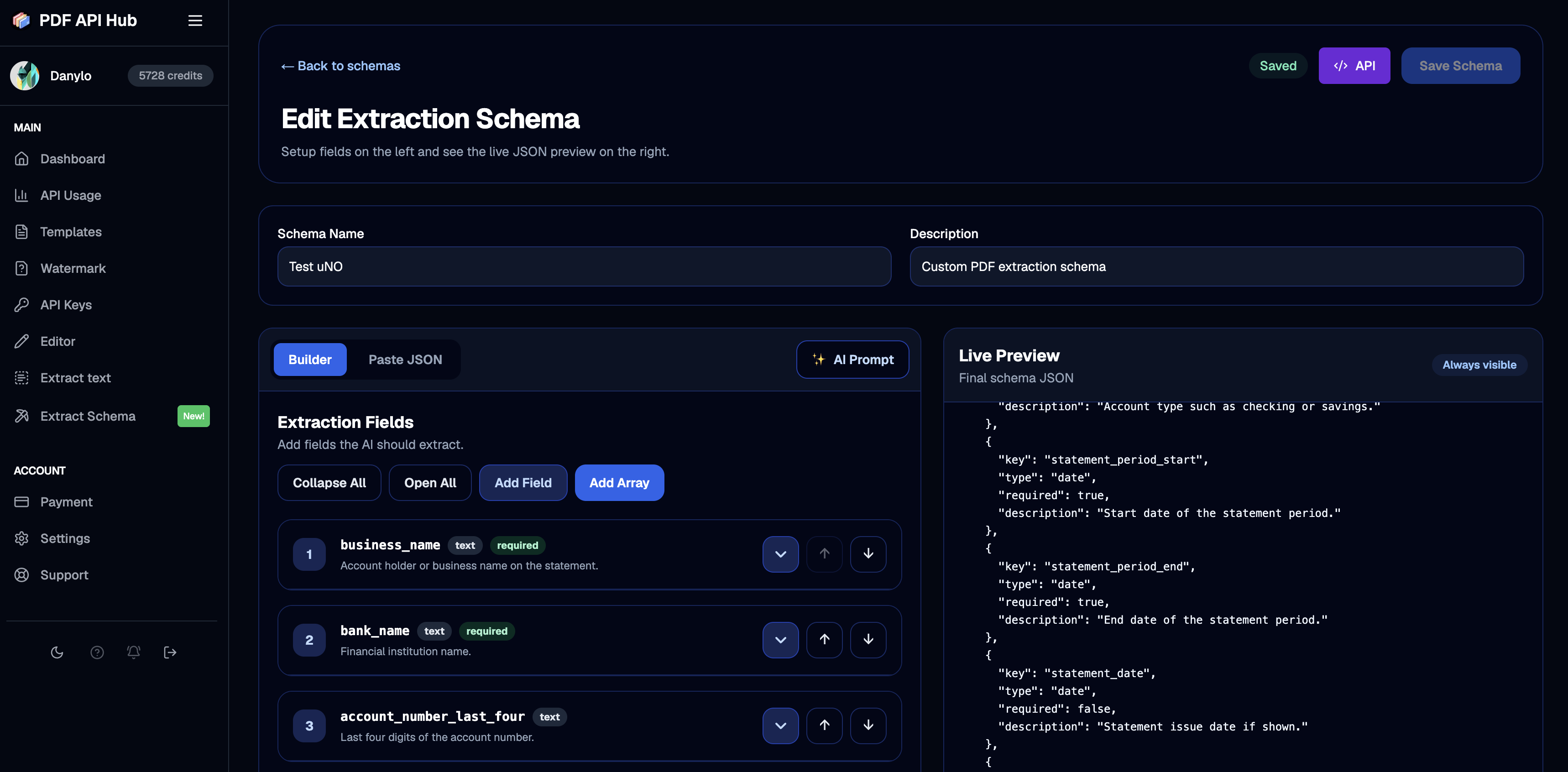 PrefillPDF extraction schema builder in dark mode