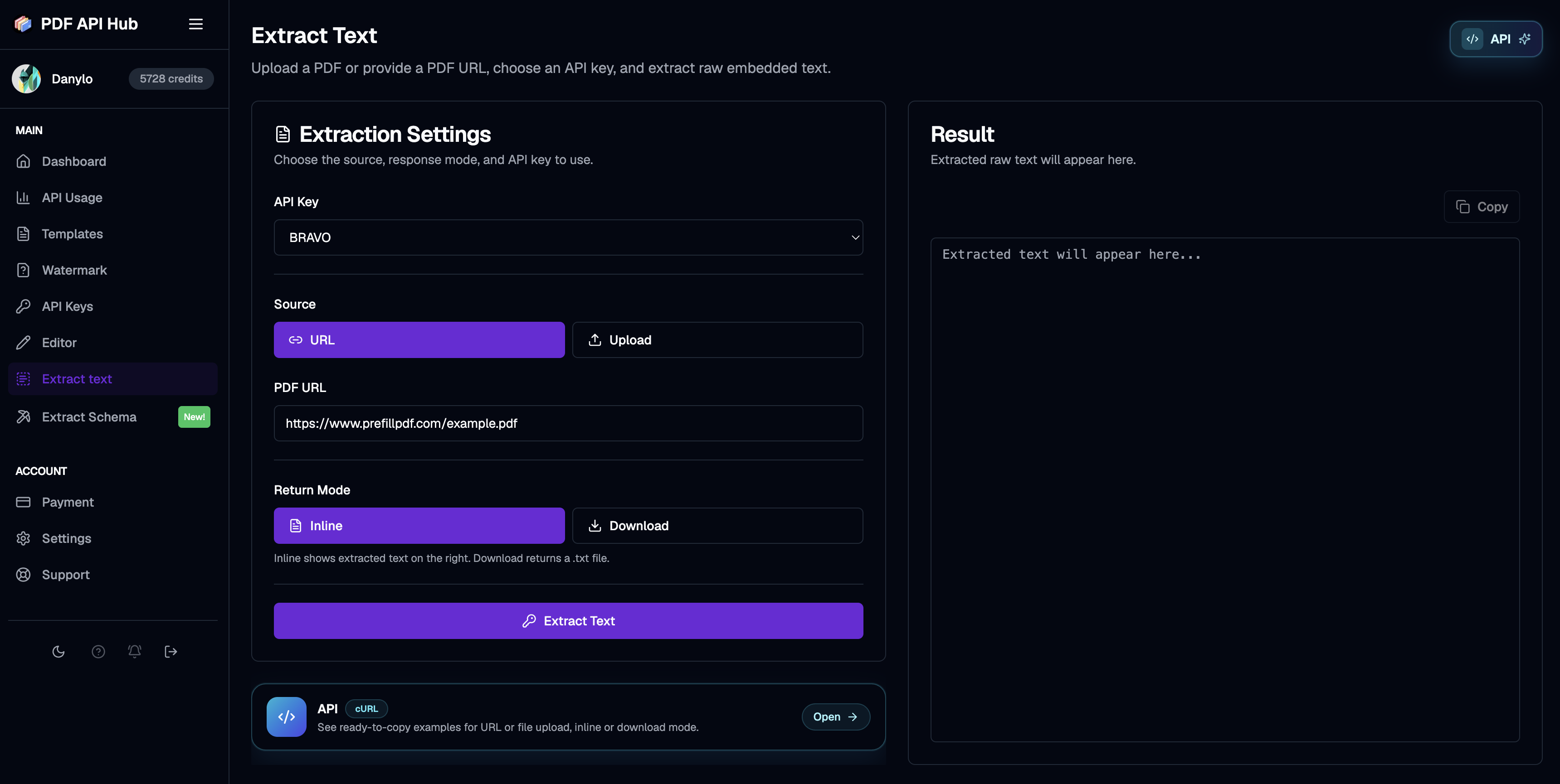 PrefillPDF text extraction interface in dark mode